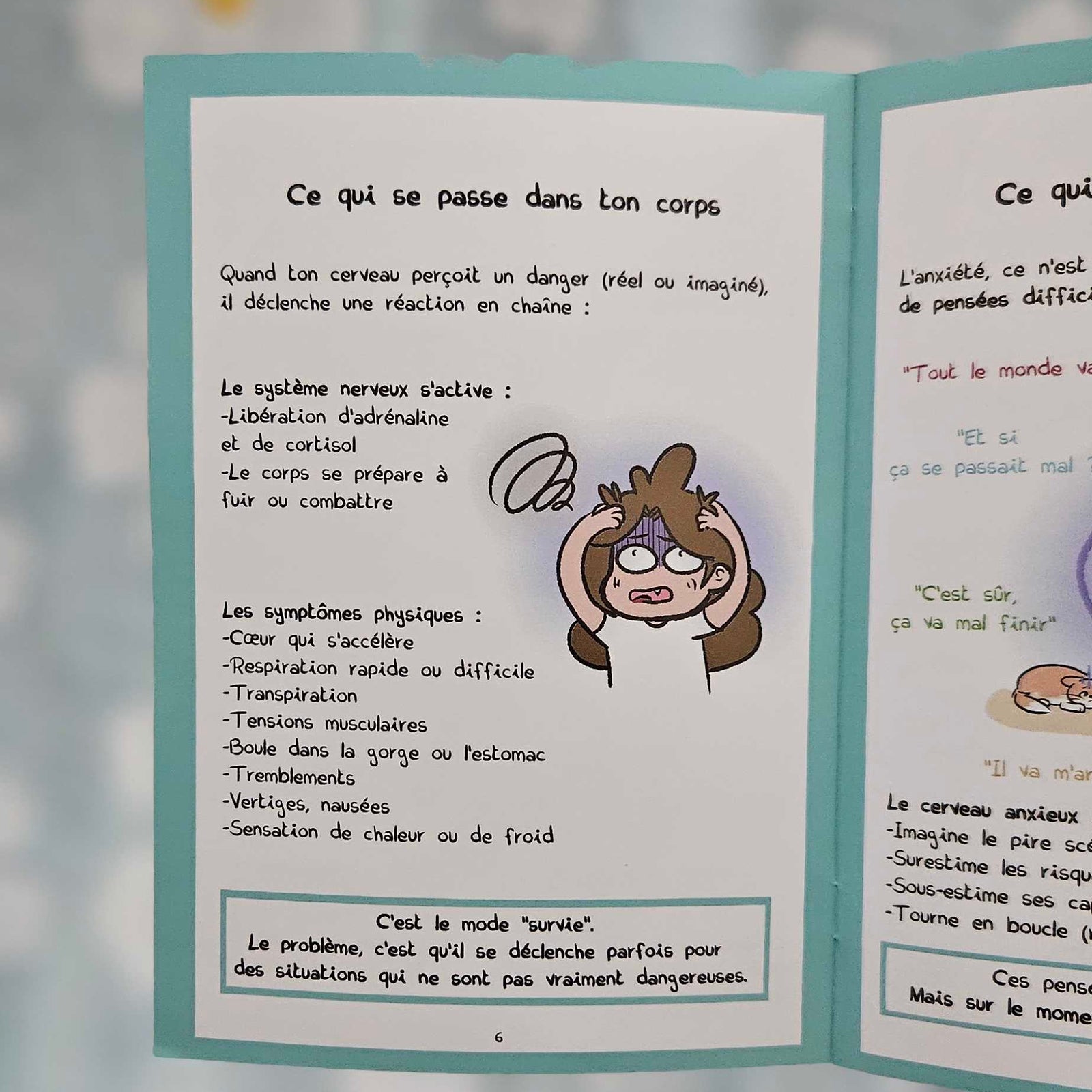 Double page du mini-guide sur l'anxiété, « Ce qui se passe dans ton corps » : réaction en chaîne du système nerveux et liste des symptômes physiques, avec un encadré sur le mode survie