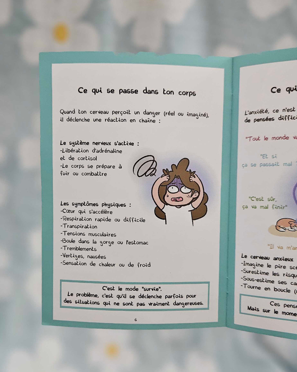 Double page du mini-guide sur l'anxiété, « Ce qui se passe dans ton corps » : réaction en chaîne du système nerveux et liste des symptômes physiques, avec un encadré sur le mode survie