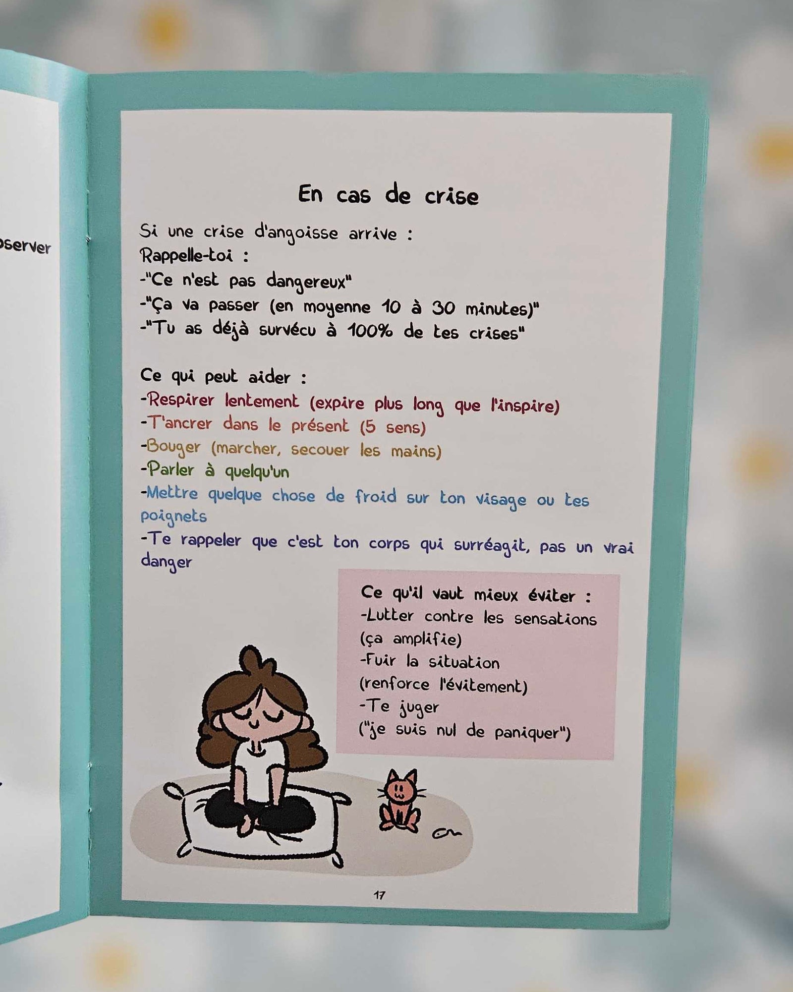 Page « En cas de crise » du mini-guide sur l'anxiété, listant ce qui peut aider et ce qu'il vaut mieux éviter, avec un personnage assis sur un coussin à côté d'un petit chat