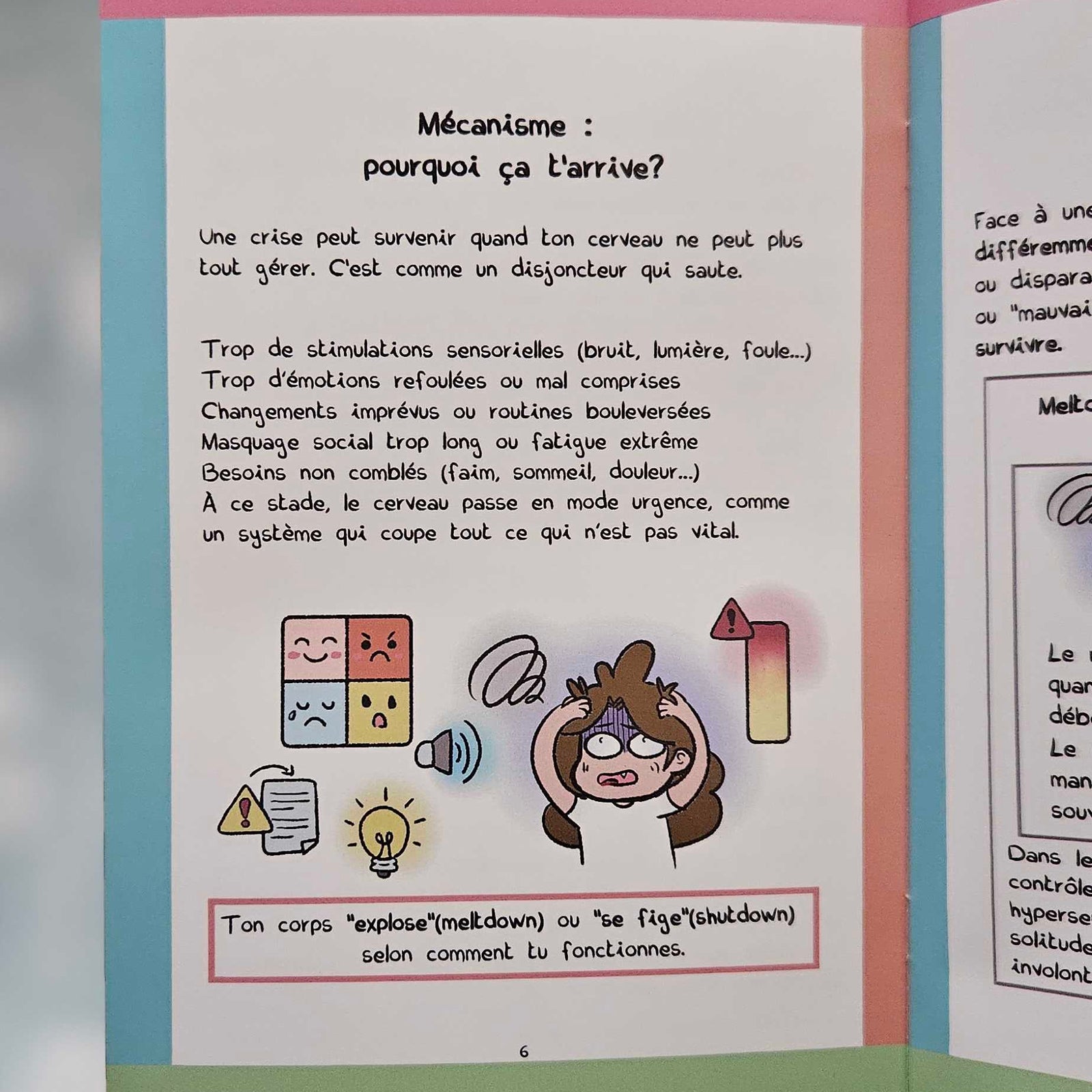 Double page intérieure du mini-guide ouverte sur la section « Mécanisme : pourquoi ça t'arrive ? », listant les causes de surcharge avec une illustration d'un personnage débordé par les stimulations