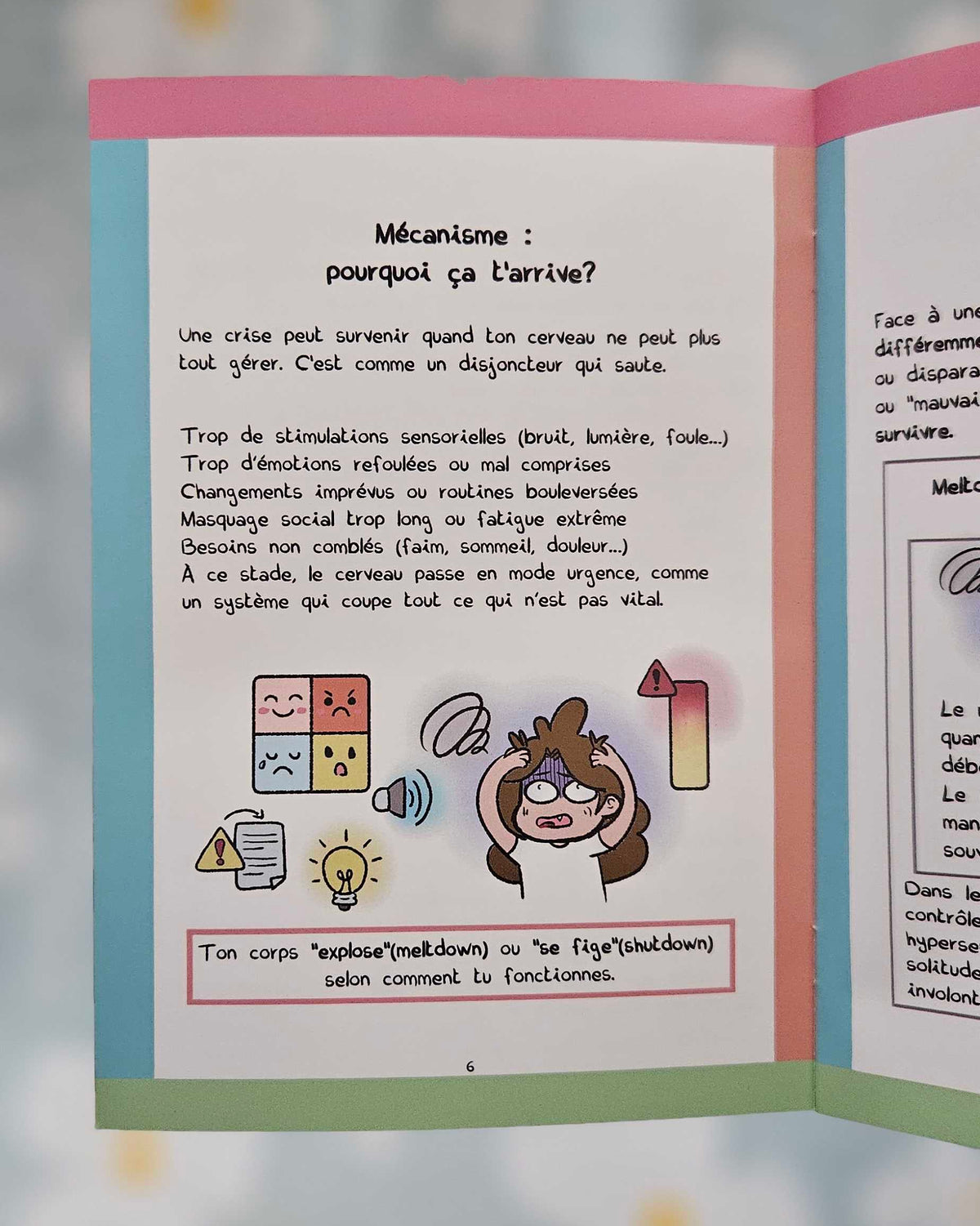 Double page intérieure du mini-guide ouverte sur la section « Mécanisme : pourquoi ça t'arrive ? », listant les causes de surcharge avec une illustration d'un personnage débordé par les stimulations