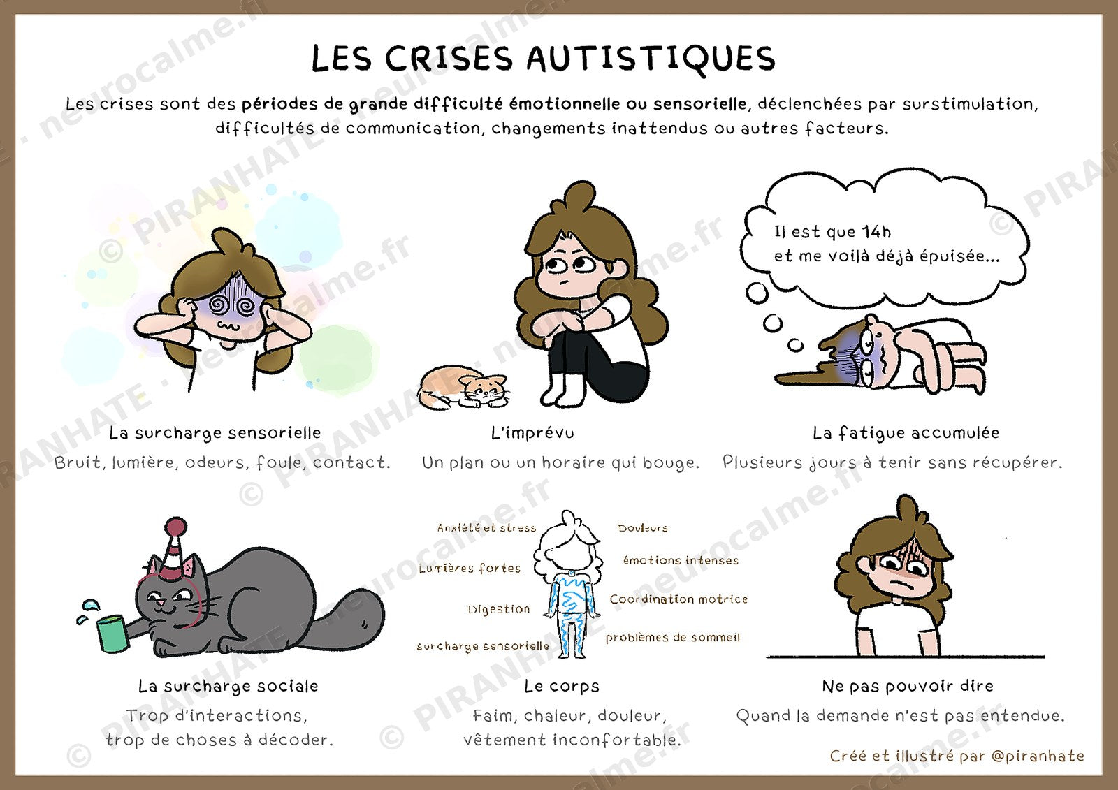 Affiche « Les crises autistiques » : six situations illustrées (surcharge sensorielle, imprévu, fatigue accumulée, surcharge sociale, le corps, ne pas pouvoir dire) avec une phrase d'explication chacune