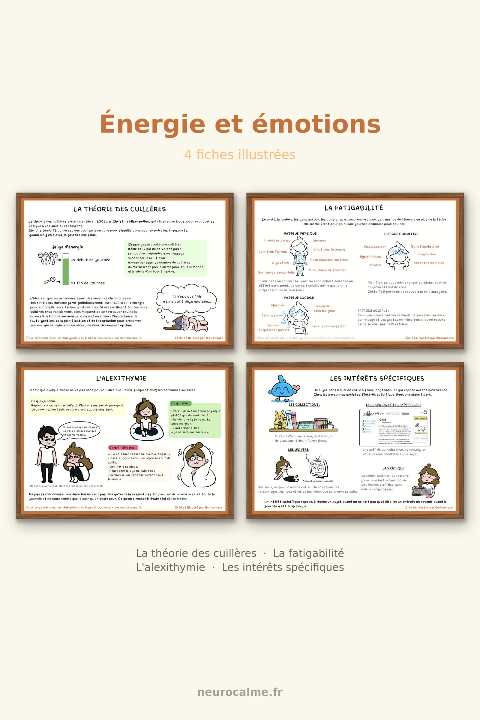 Visuel de couverture du pack « Énergie et émotions, 4 fiches illustrées », montrant les quatre affiches encadrées : la théorie des cuillères, la fatigabilité, l'alexithymie et les intérêts spécifiques
