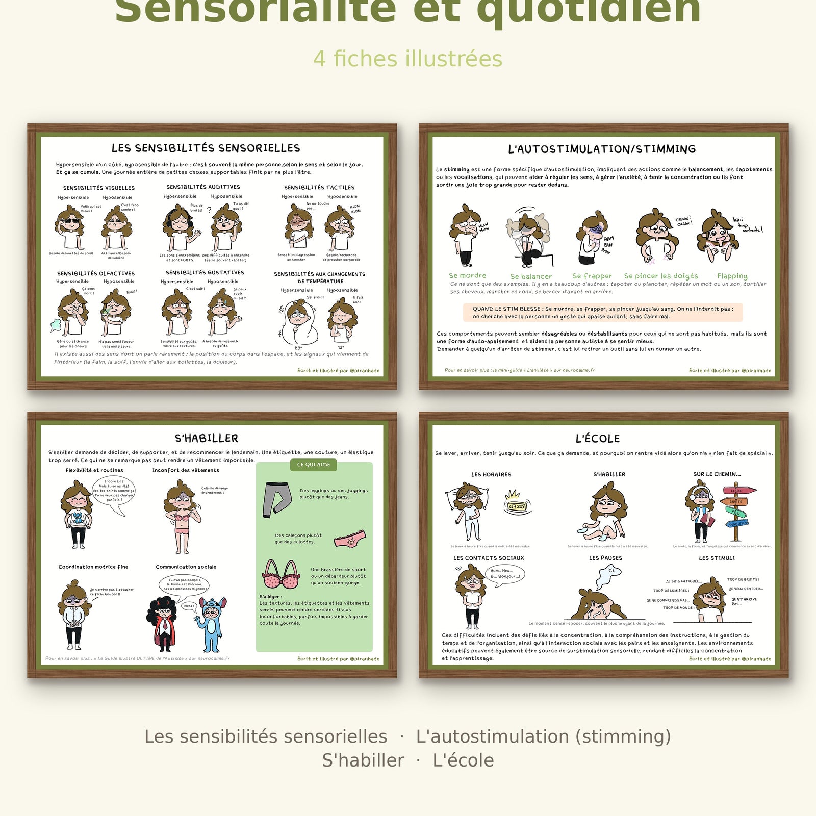 Visuel de couverture du pack « Sensorialité et quotidien, 4 fiches illustrées », montrant les quatre affiches encadrées : les sensibilités sensorielles, l'autostimulation (stimming), s'habiller et l'école