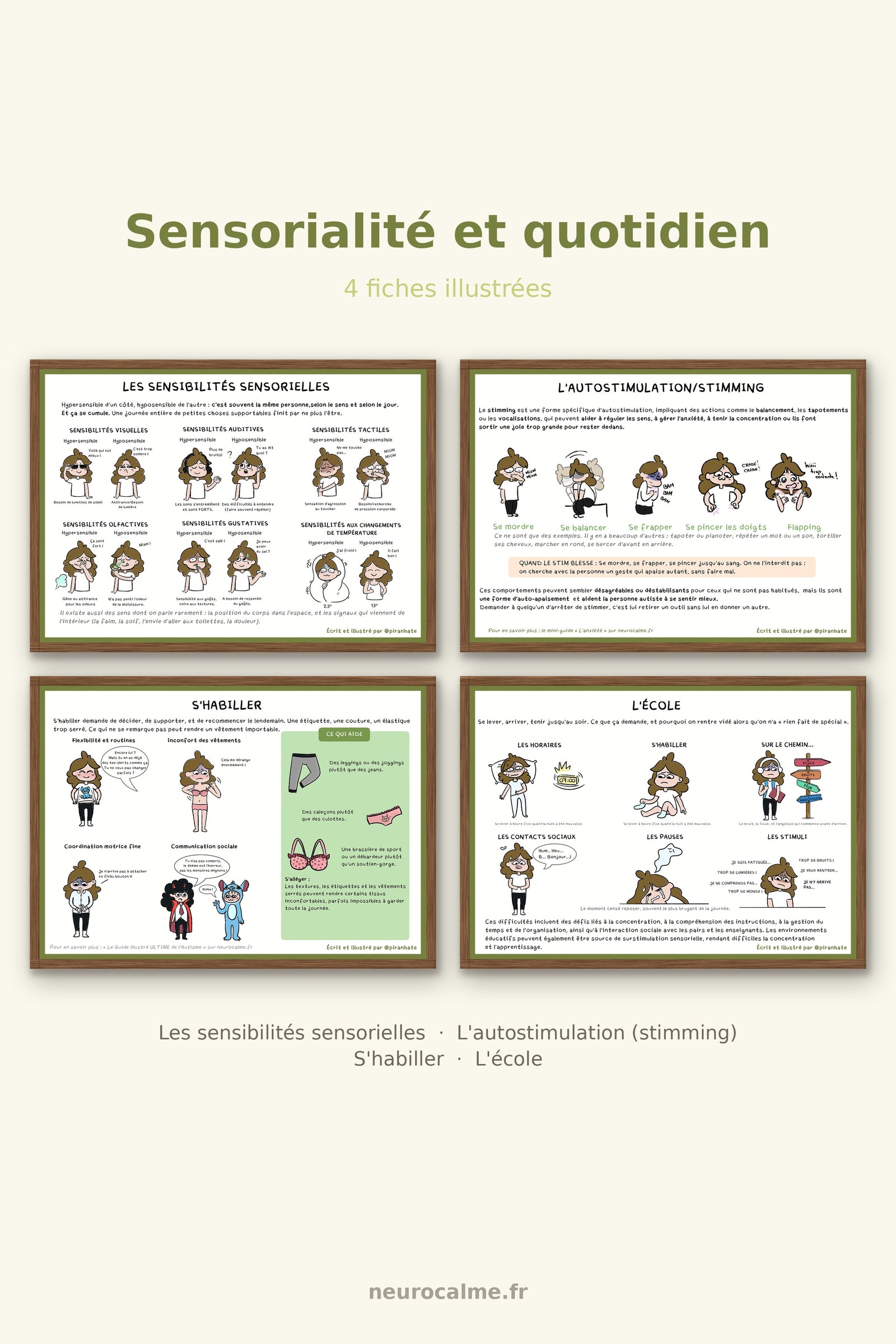 Visuel de couverture du pack « Sensorialité et quotidien, 4 fiches illustrées », montrant les quatre affiches encadrées : les sensibilités sensorielles, l'autostimulation (stimming), s'habiller et l'école