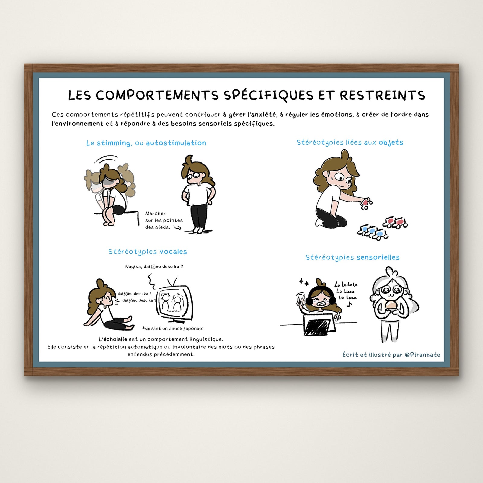 Affiche « Les comportements spécifiques et restreints » présentée dans un cadre en bois, avec ses quatre encadrés illustrés sur le stimming et les stéréotypies liées aux objets, vocales et sensorielles