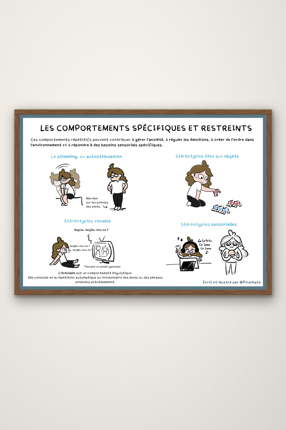 Affiche « Les comportements spécifiques et restreints » présentée dans un cadre en bois, avec ses quatre encadrés illustrés sur le stimming et les stéréotypies liées aux objets, vocales et sensorielles