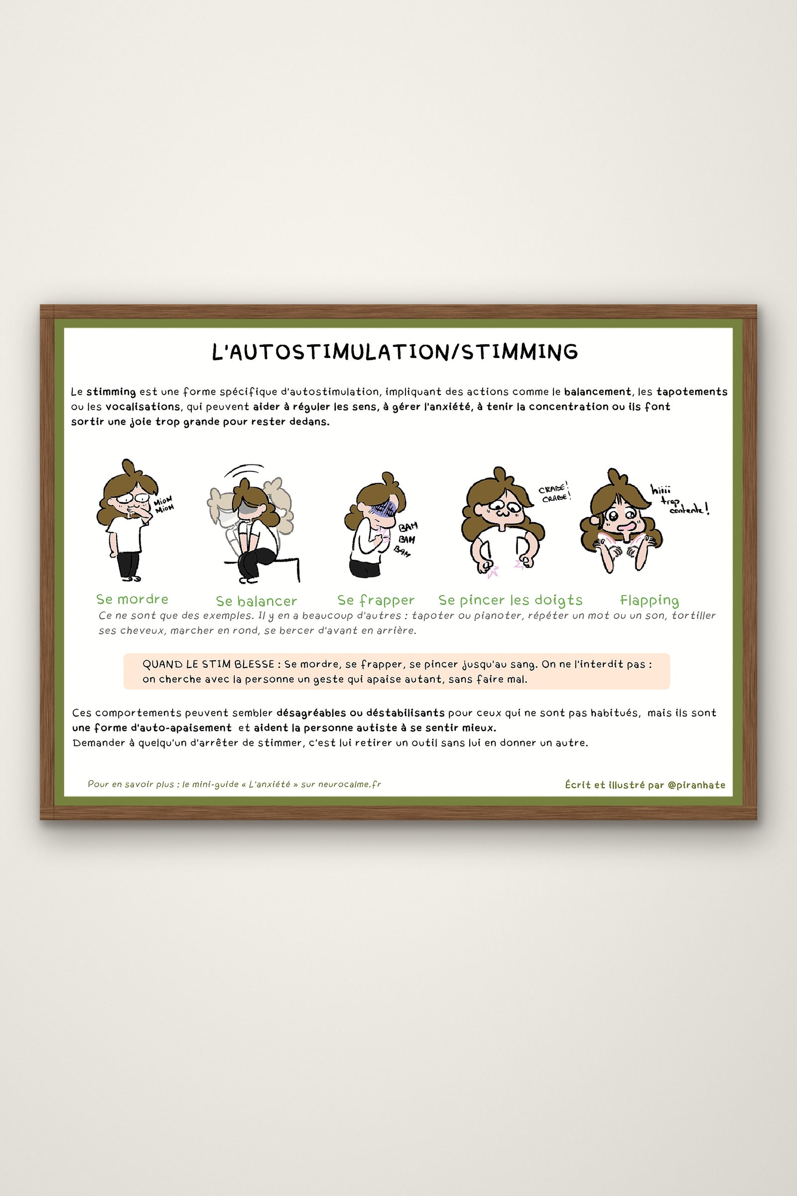 Affiche « L'autostimulation / stimming » présentée dans un cadre en bois : cinq gestes illustrés (se mordre, se balancer, se frapper, se pincer les doigts, flapping) et un encadré sur ce qu'il faut faire quand un stim blesse