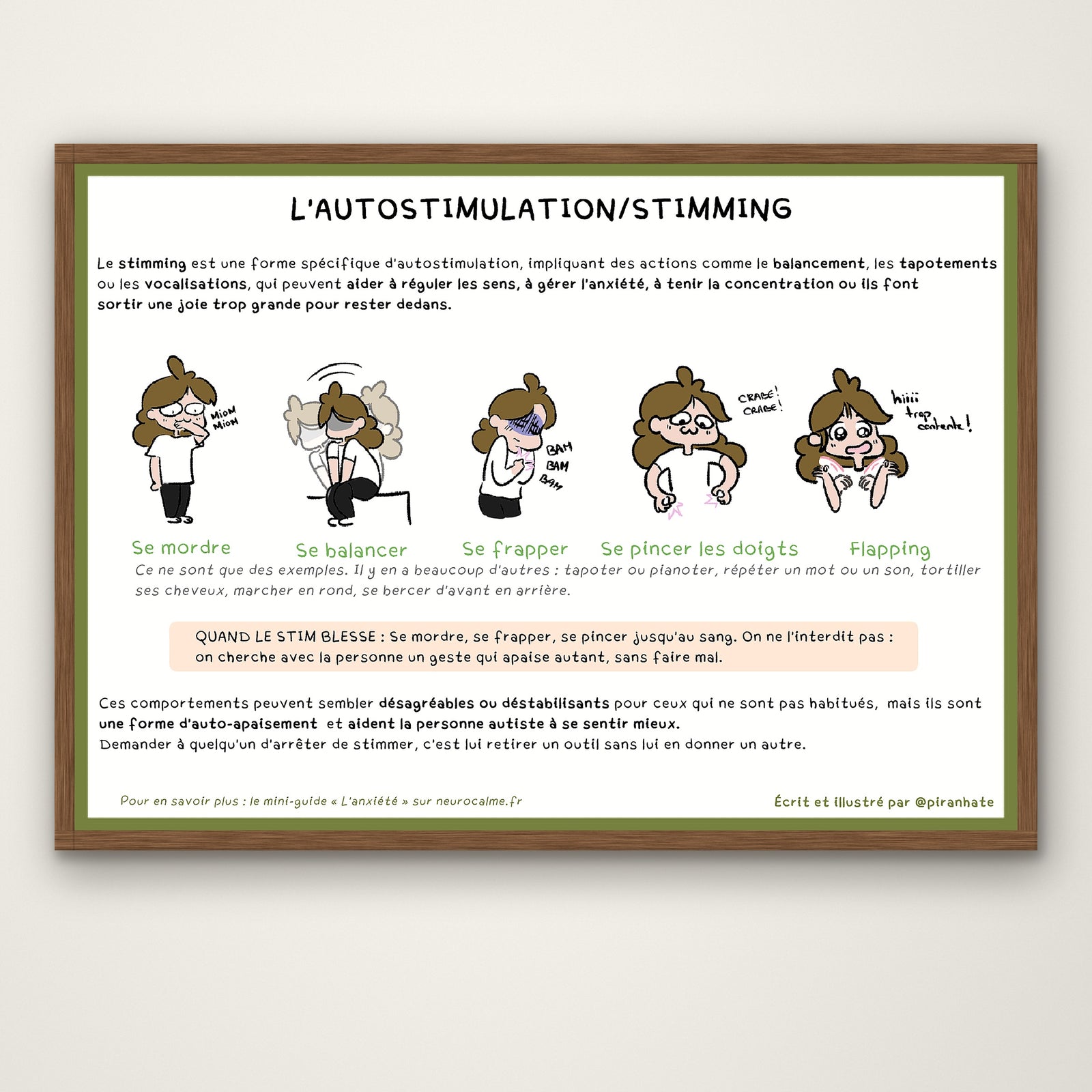 Affiche « L'autostimulation / stimming » présentée dans un cadre en bois, avec ses cinq gestes illustrés et le texte expliquant qu'il s'agit d'une forme d'auto-apaisement