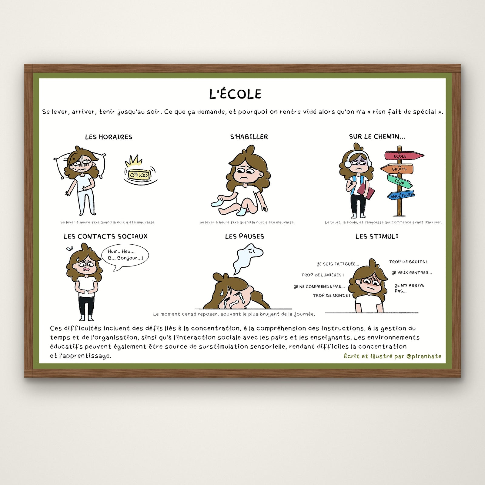 Affiche « L'école » présentée dans un cadre en bois : six situations illustrées d'une journée scolaire (les horaires, s'habiller, sur le chemin, les contacts sociaux, les pauses, les stimuli)
