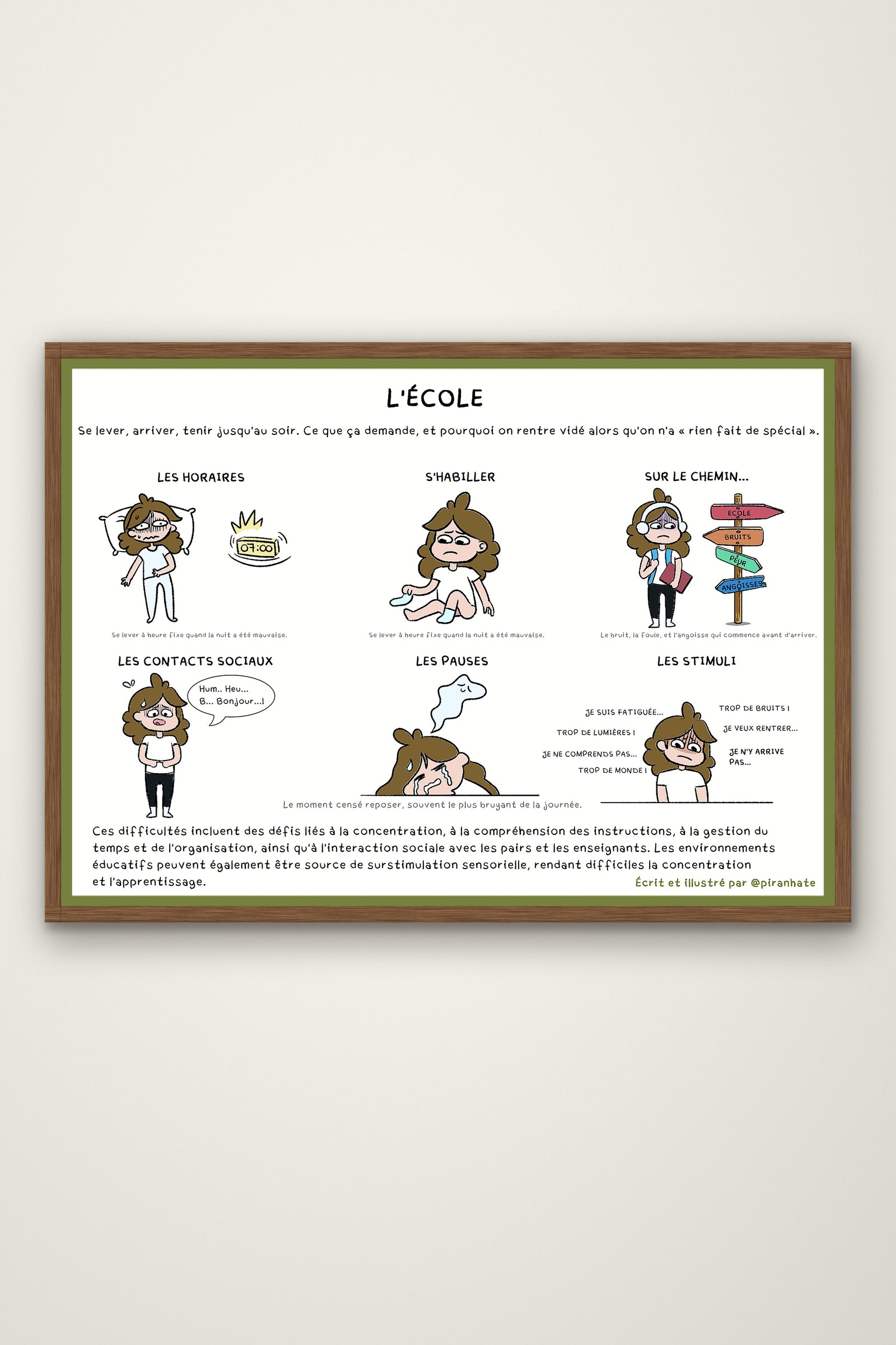 Affiche « L'école » présentée dans un cadre en bois : six situations illustrées d'une journée scolaire (les horaires, s'habiller, sur le chemin, les contacts sociaux, les pauses, les stimuli)
