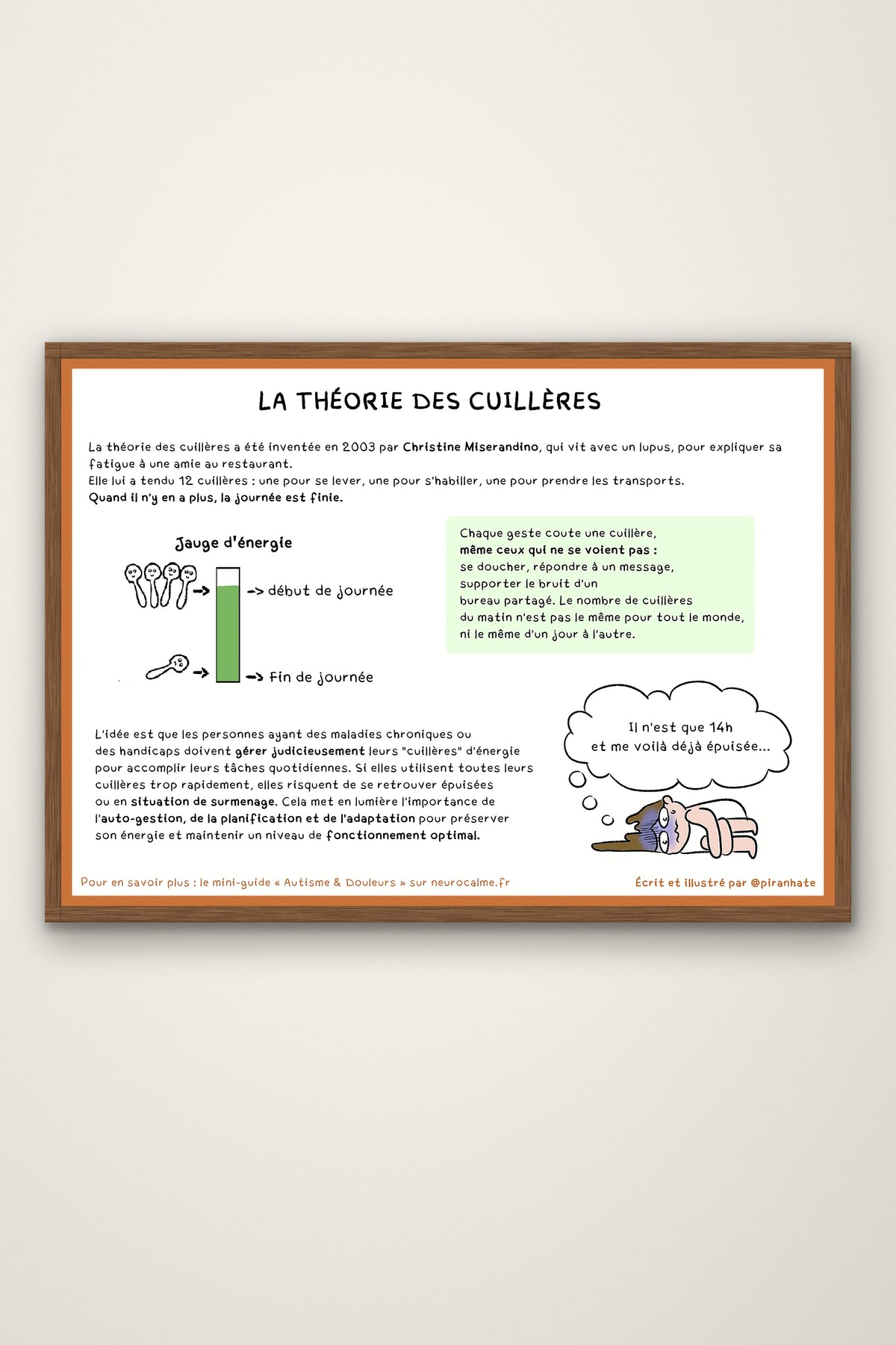 Affiche « La théorie des cuillères » présentée dans un cadre en bois : origine de la métaphore, jauge d'énergie comparée entre le début et la fin de journée, et encadré rappelant que chaque geste coûte une cuillère