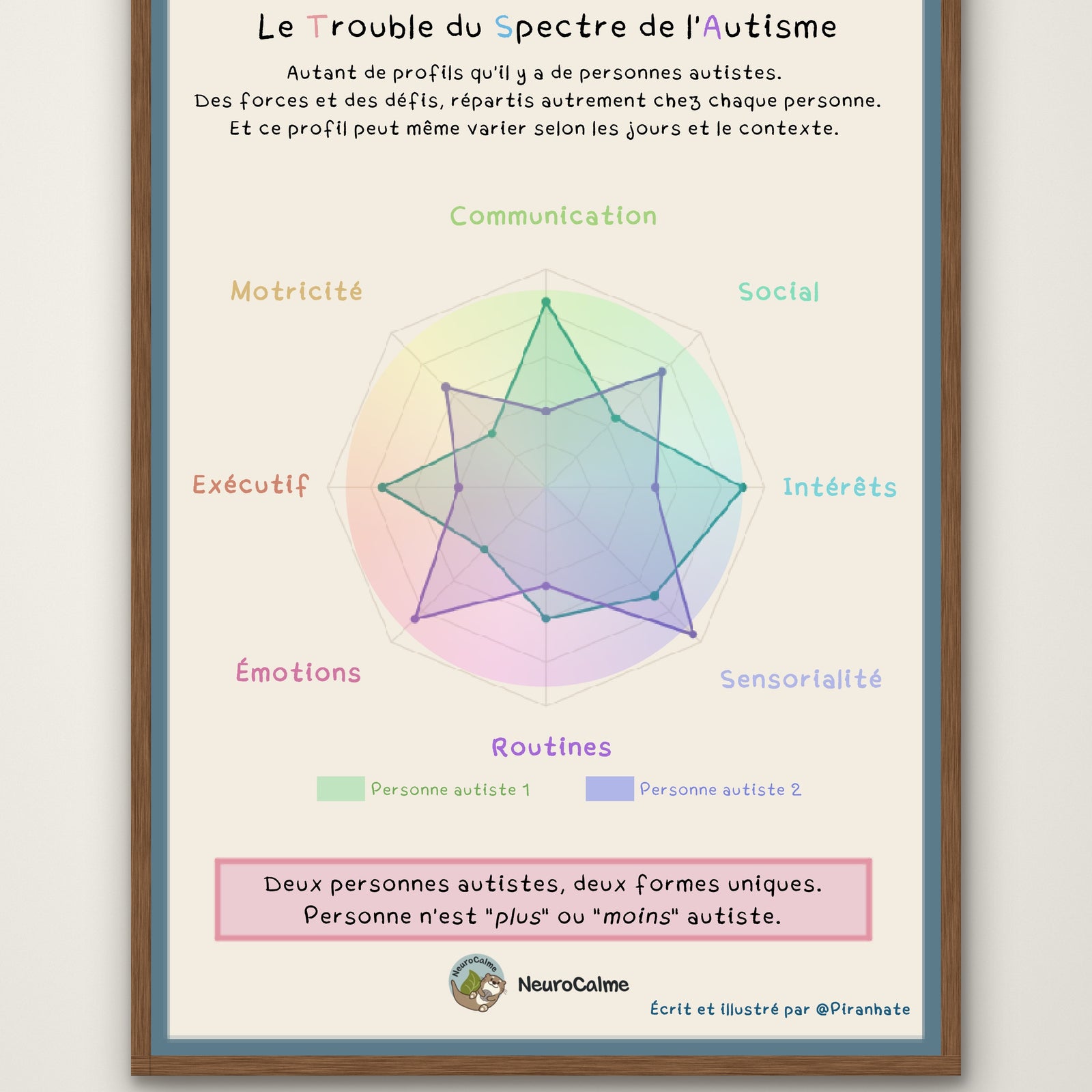 Affiche « Le Trouble du Spectre de l'Autisme » présentée dans un cadre en bois : graphique en radar comparant deux profils autistes sur huit axes (communication, social, intérêts, sensorialité, routines, émotions, exécutif, motricité)