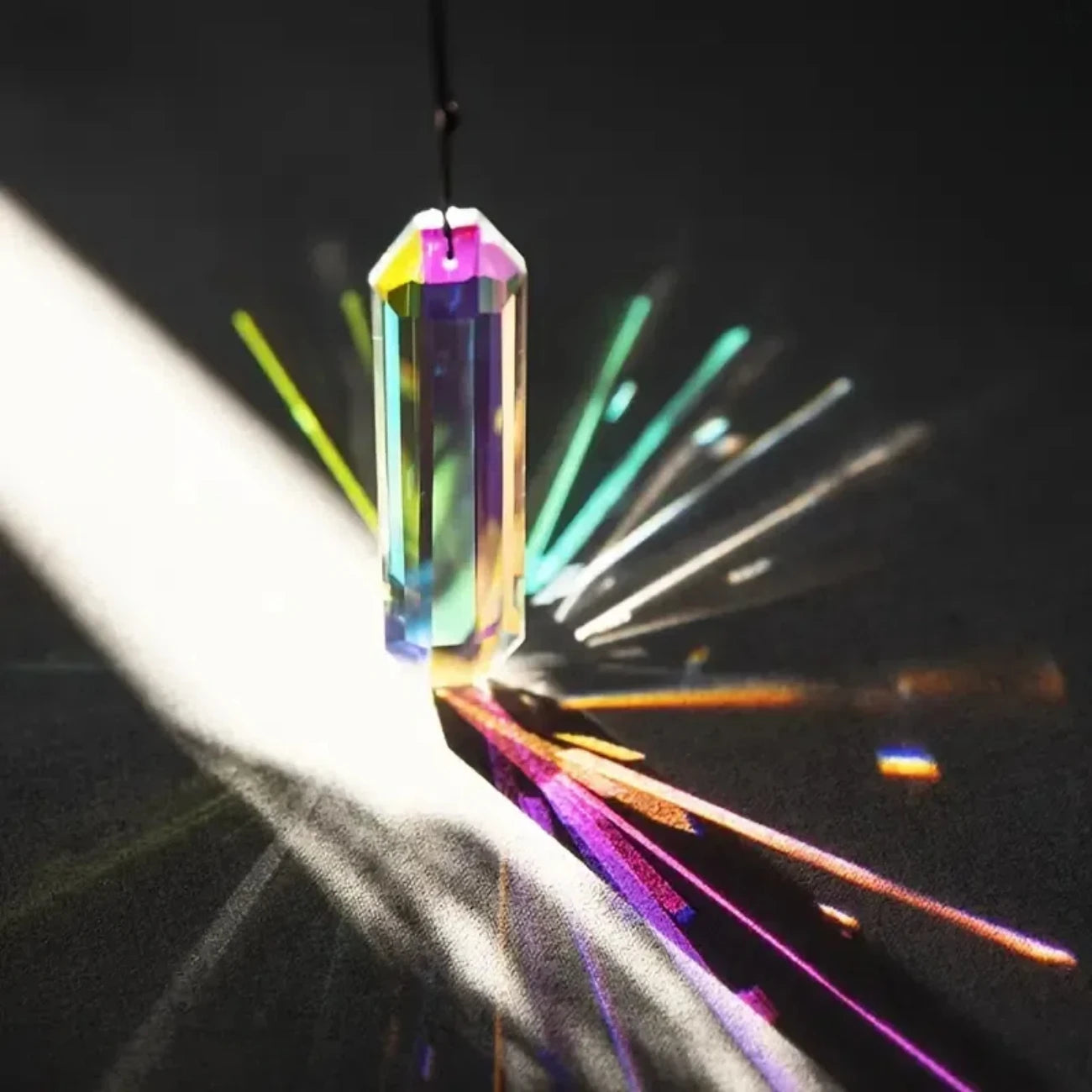 Prisme en cristal suspendu à un fil dans un rayon de lumière, projetant des traînées colorées vertes, roses et dorées sur une surface sombre