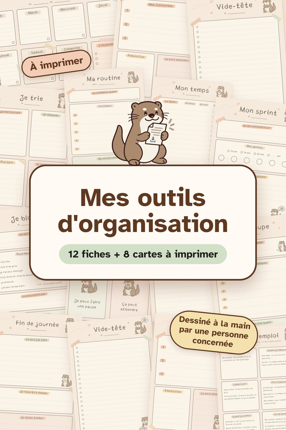 Couverture du bundle Mes outils d'organisation, 12 fiches et 8 cartes à imprimer, avec Lou la loutre qui tient une fiche devant un collage de toutes les pages