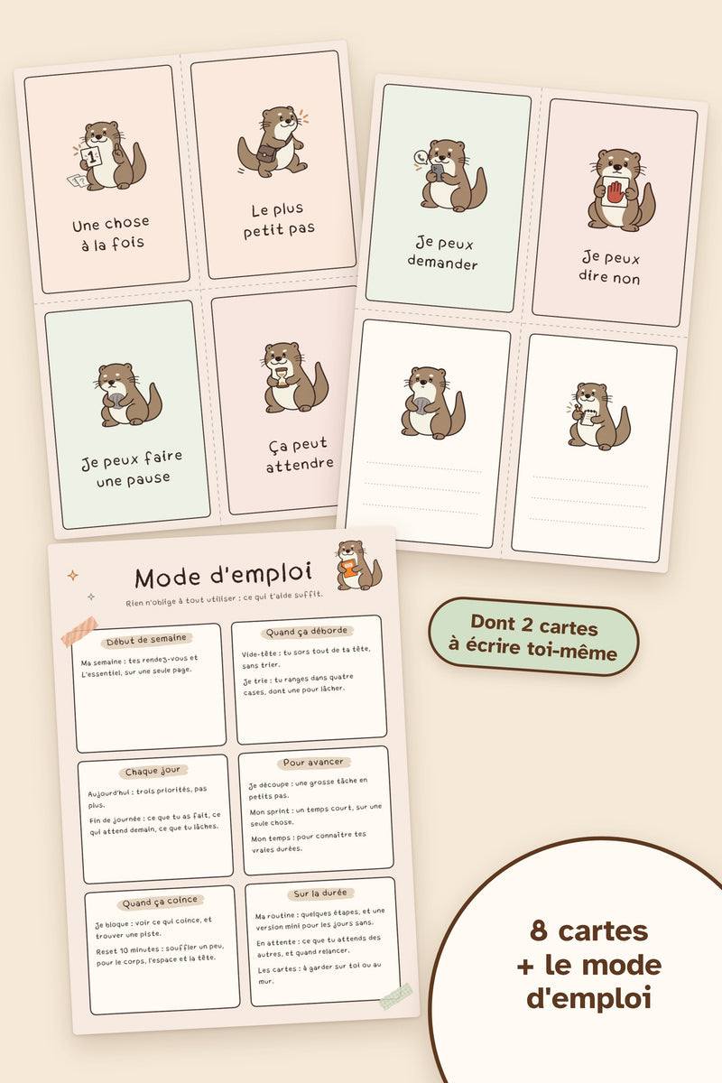 Les deux planches de 8 cartes, dont 2 à écrire soi-même, et la page Mode d'emploi
