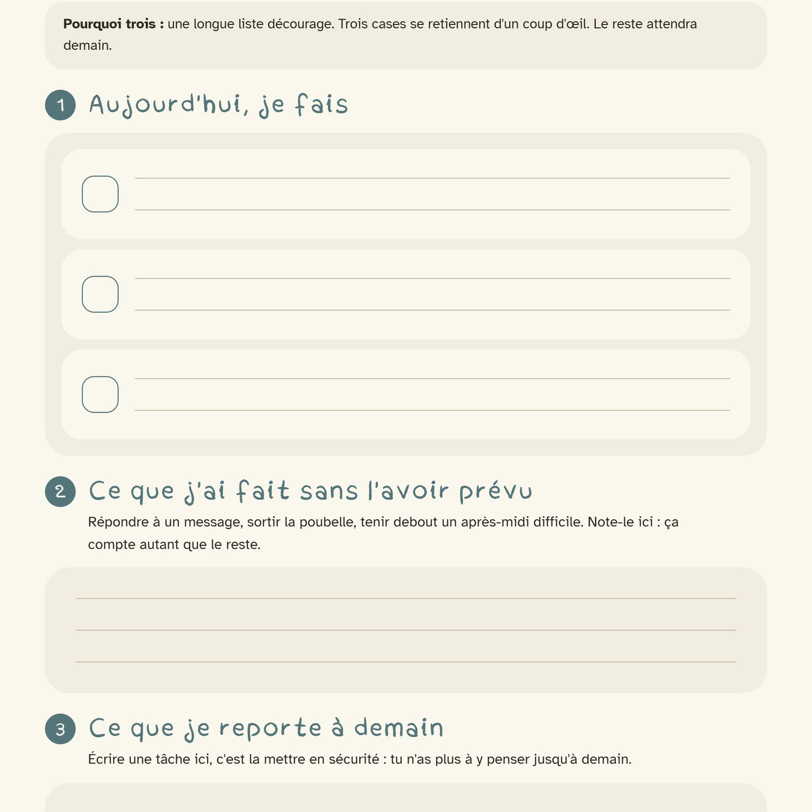 Fiche A4 « Ma liste du jour » : un encadré expliquant pourquoi trois tâches, puis trois cases à cocher intitulées Aujourd'hui je fais, un espace Ce que j'ai fait sans l'avoir prévu et un espace Ce que je reporte à demain. Illustration d'une loutre en haut à droite.