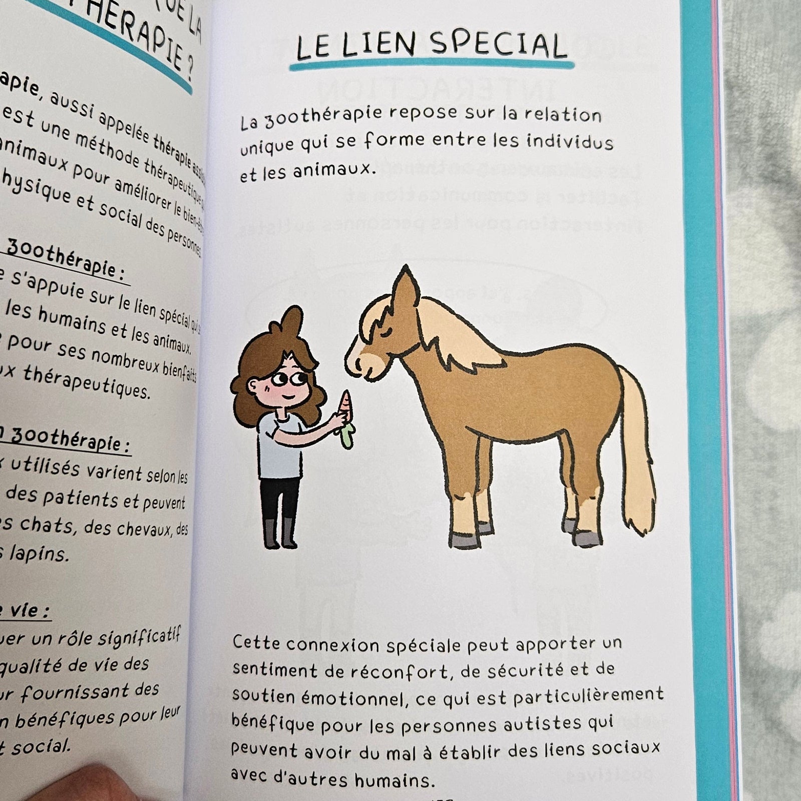 Page « Le lien spécial » du livre, consacrée à la zoothérapie, avec l'illustration d'un personnage tendant une carotte à un cheval