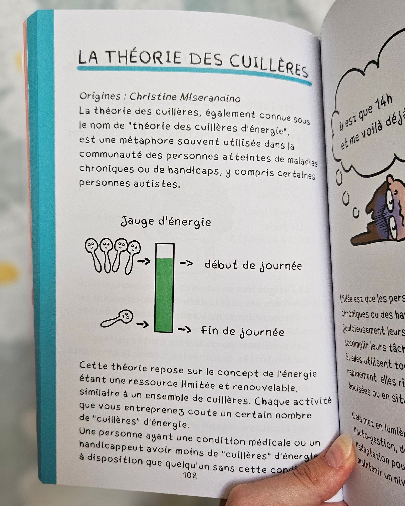 Page « La théorie des cuillères » du livre, avec un schéma de jauge d'énergie comparée entre le début et la fin de journée, illustré de cuillères