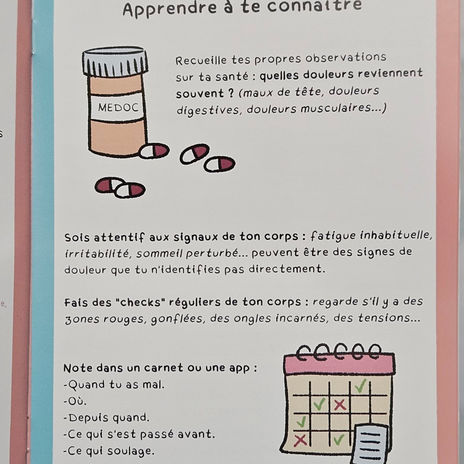 Page intérieure « Apprendre à te connaître », conseillant de noter quand, où et depuis quand la douleur apparaît, illustrée d'un flacon de médicaments et d'un calendrier annoté