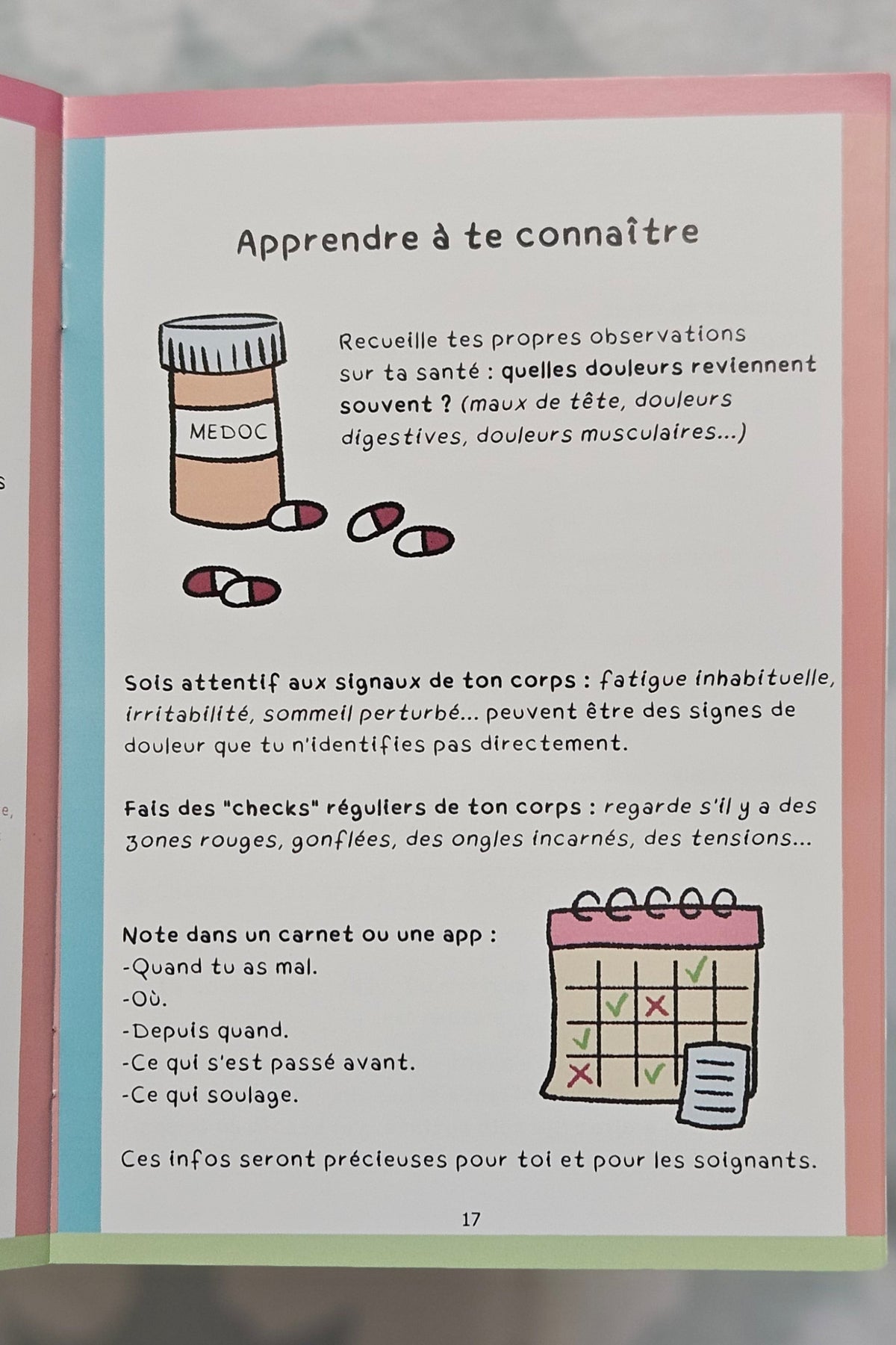 Page intérieure « Apprendre à te connaître », conseillant de noter quand, où et depuis quand la douleur apparaît, illustrée d'un flacon de médicaments et d'un calendrier annoté