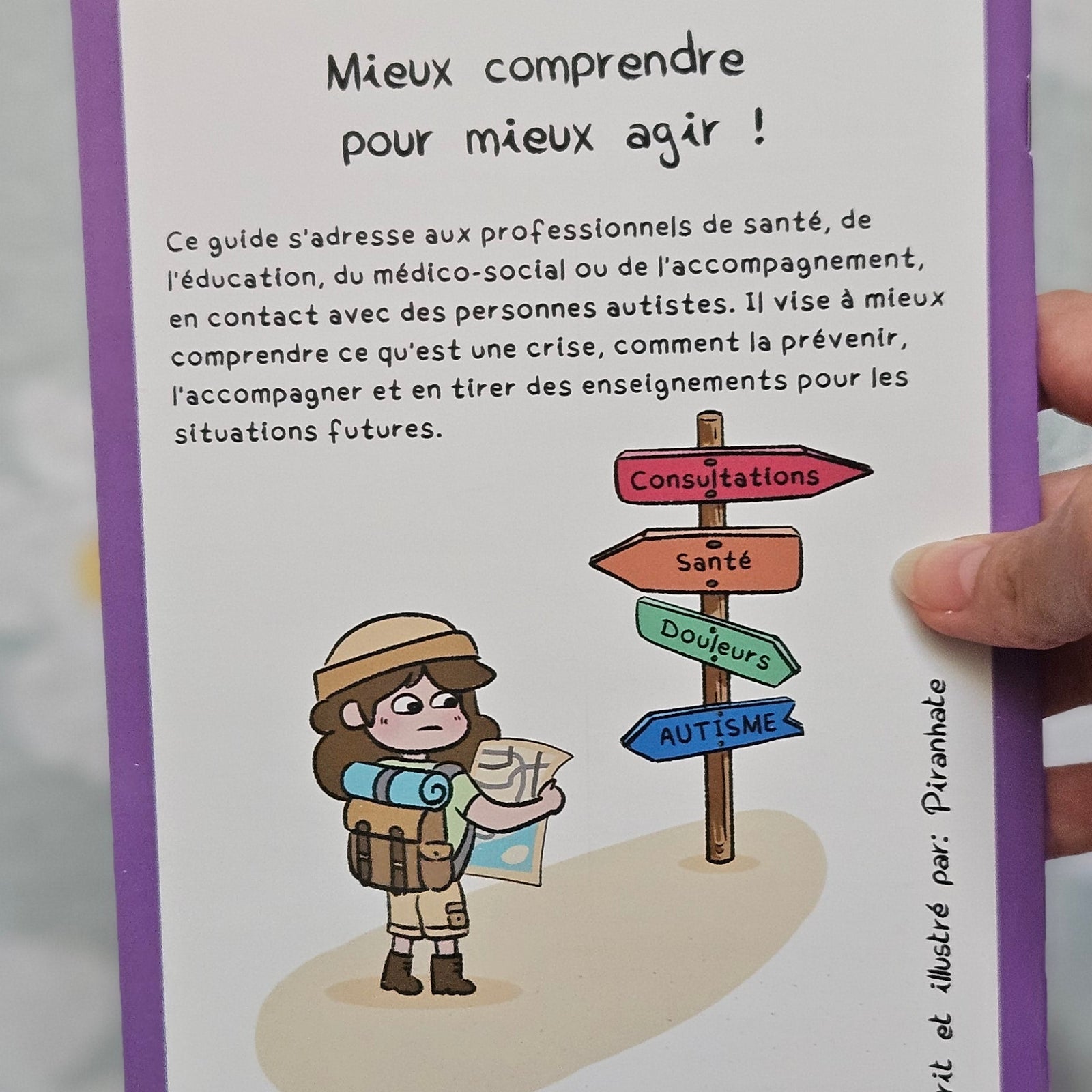 Page d'ouverture du mini-guide « Mieux comprendre pour mieux agir », version professionnels, précisant qu'il s'adresse aux professionnels de santé, de l'éducation et du médico-social, avec un personnage devant un panneau indicateur