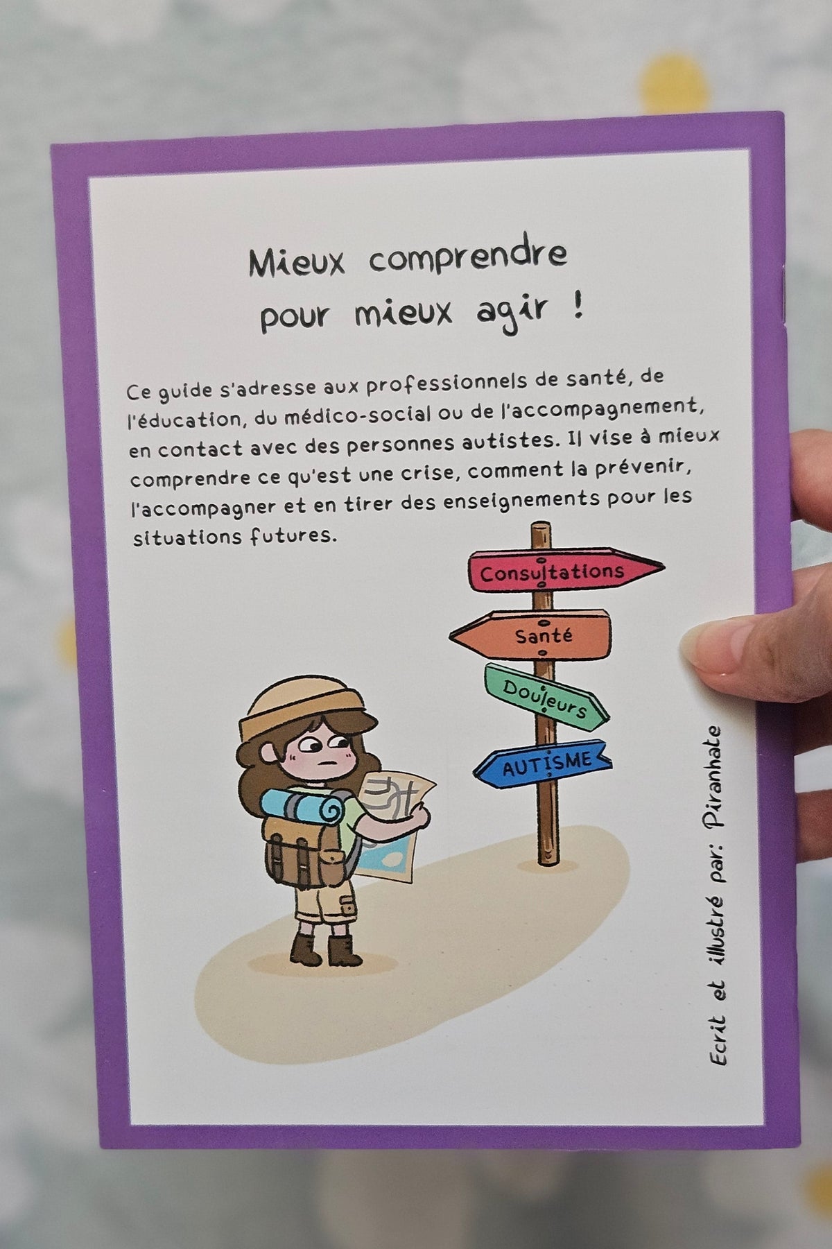 Page d'ouverture du mini-guide « Mieux comprendre pour mieux agir », version professionnels, précisant qu'il s'adresse aux professionnels de santé, de l'éducation et du médico-social, avec un personnage devant un panneau indicateur