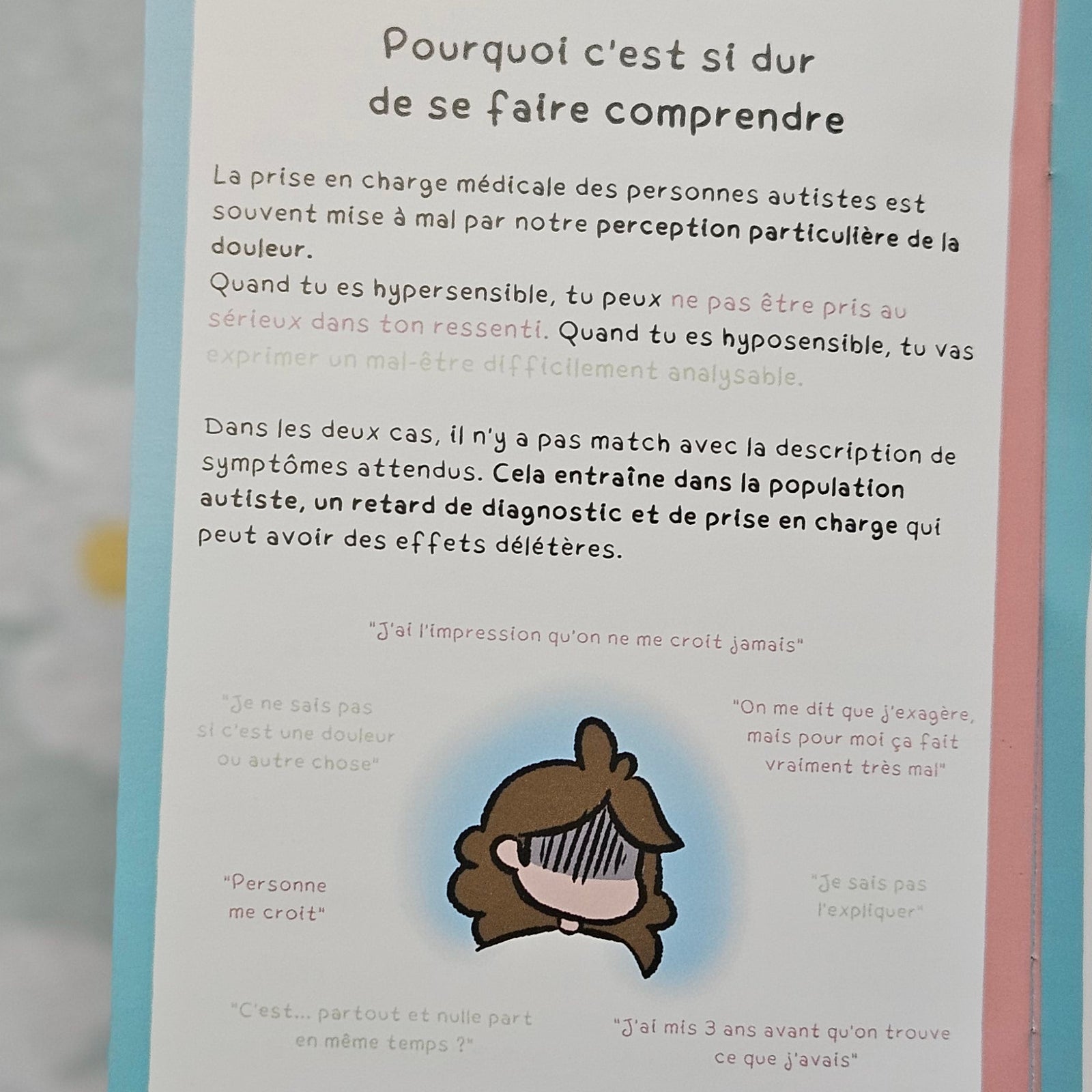 Page intérieure « Pourquoi c'est si dur de se faire comprendre », entourée de phrases rapportées comme « On me dit que j'exagère » ou « Je ne sais pas si c'est une douleur », avec un personnage au visage fermé