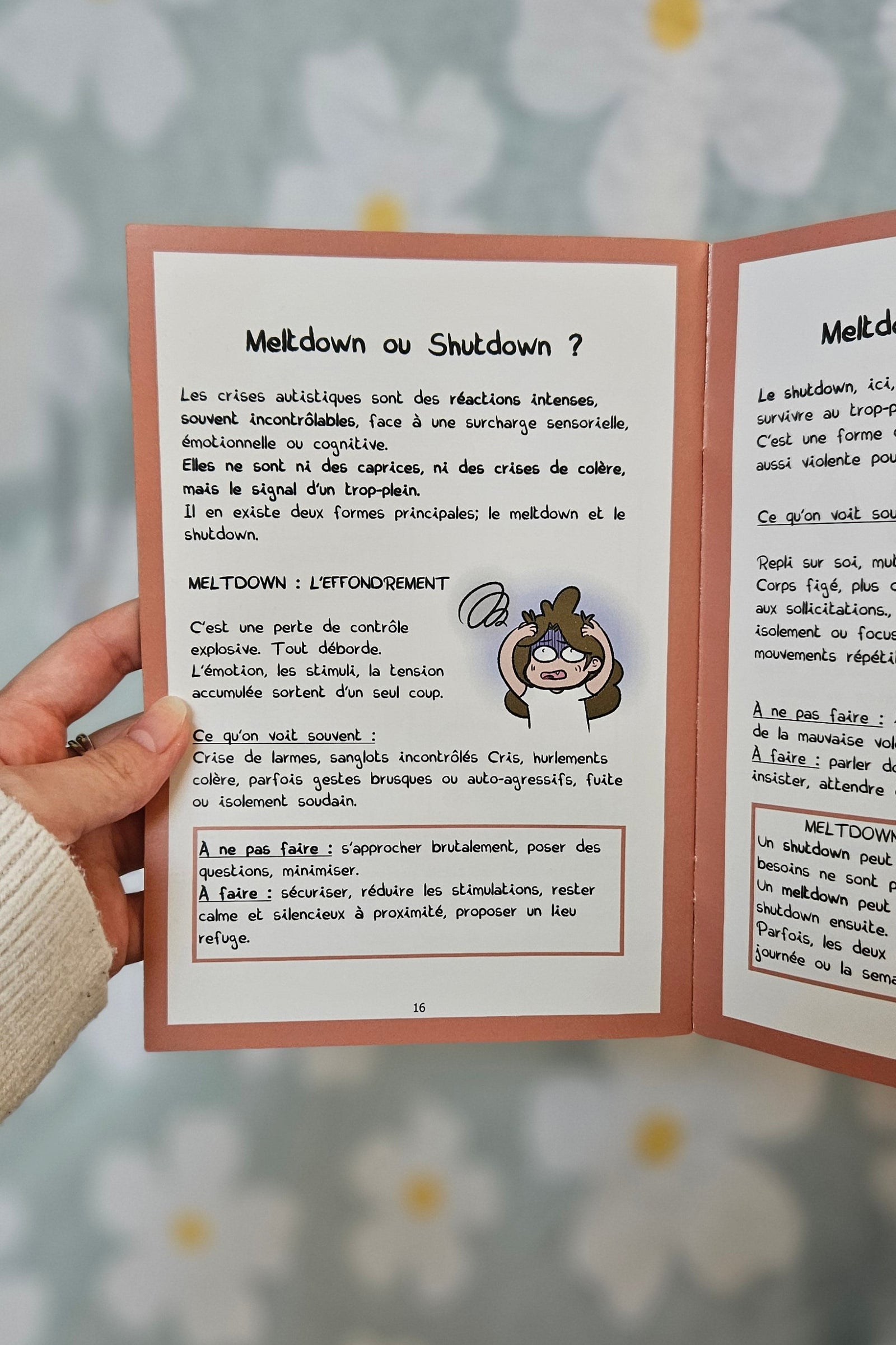 Double page intérieure du mini-guide intitulée « Meltdown ou Shutdown ? », expliquant que les crises ne sont ni des caprices ni des colères mais le signal d'un trop-plein, avec une illustration d'un personnage débordé
