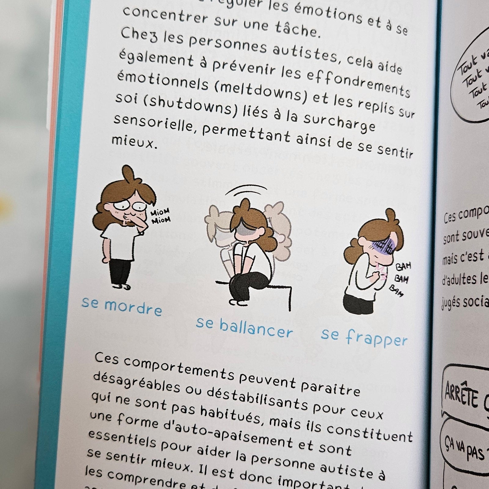 Page du livre consacrée au stimming, avec trois personnages illustrant se mordre, se ballancer et se frapper, et un texte expliquant qu'il s'agit de formes d'auto-apaisement essentielles