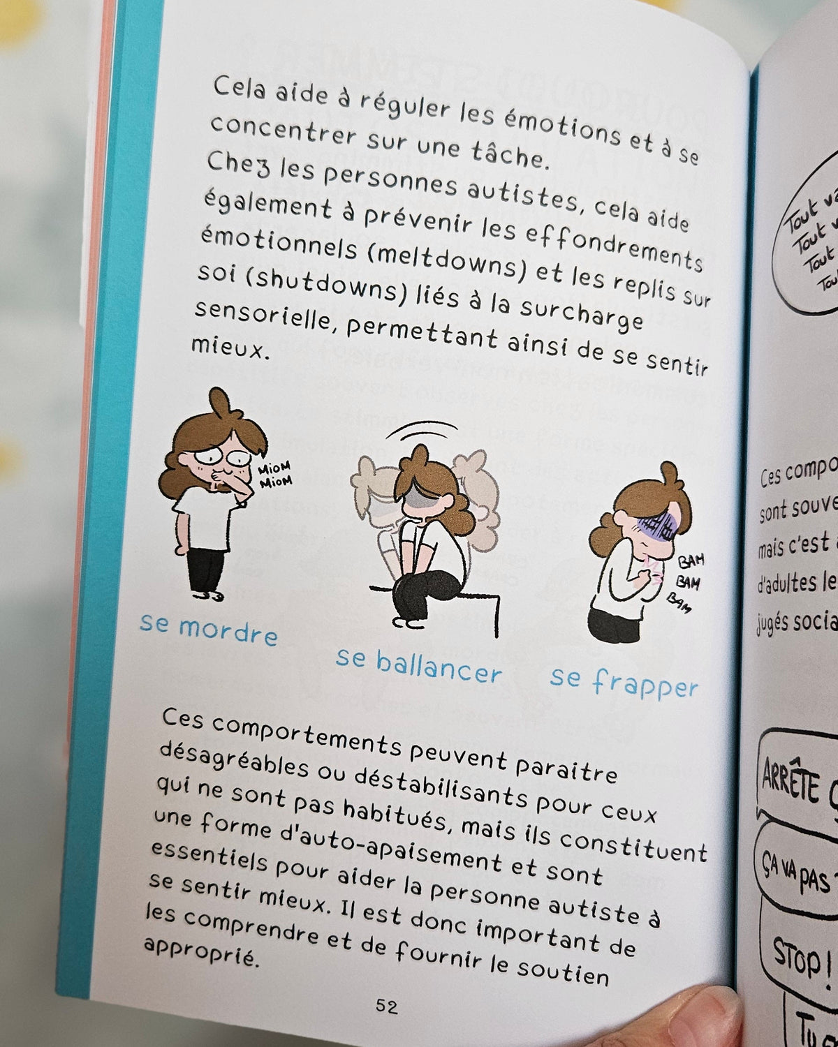 Page du livre consacrée au stimming, avec trois personnages illustrant se mordre, se ballancer et se frapper, et un texte expliquant qu'il s'agit de formes d'auto-apaisement essentielles
