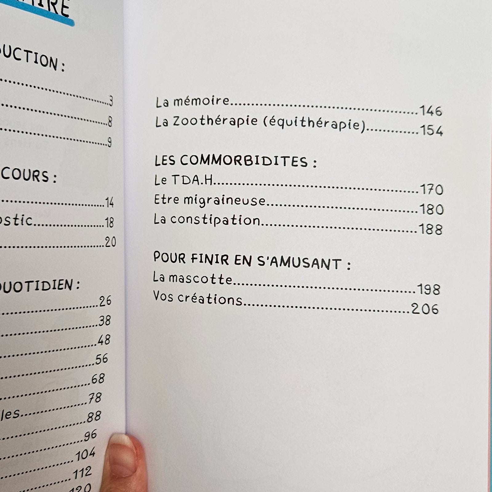 Suite du sommaire du Guide illustré ULTIME de l'Autisme, avec les sections mémoire, zoothérapie, les comorbidités (TDAH, migraines, constipation) et une dernière partie sur la mascotte et les créations des lecteurs