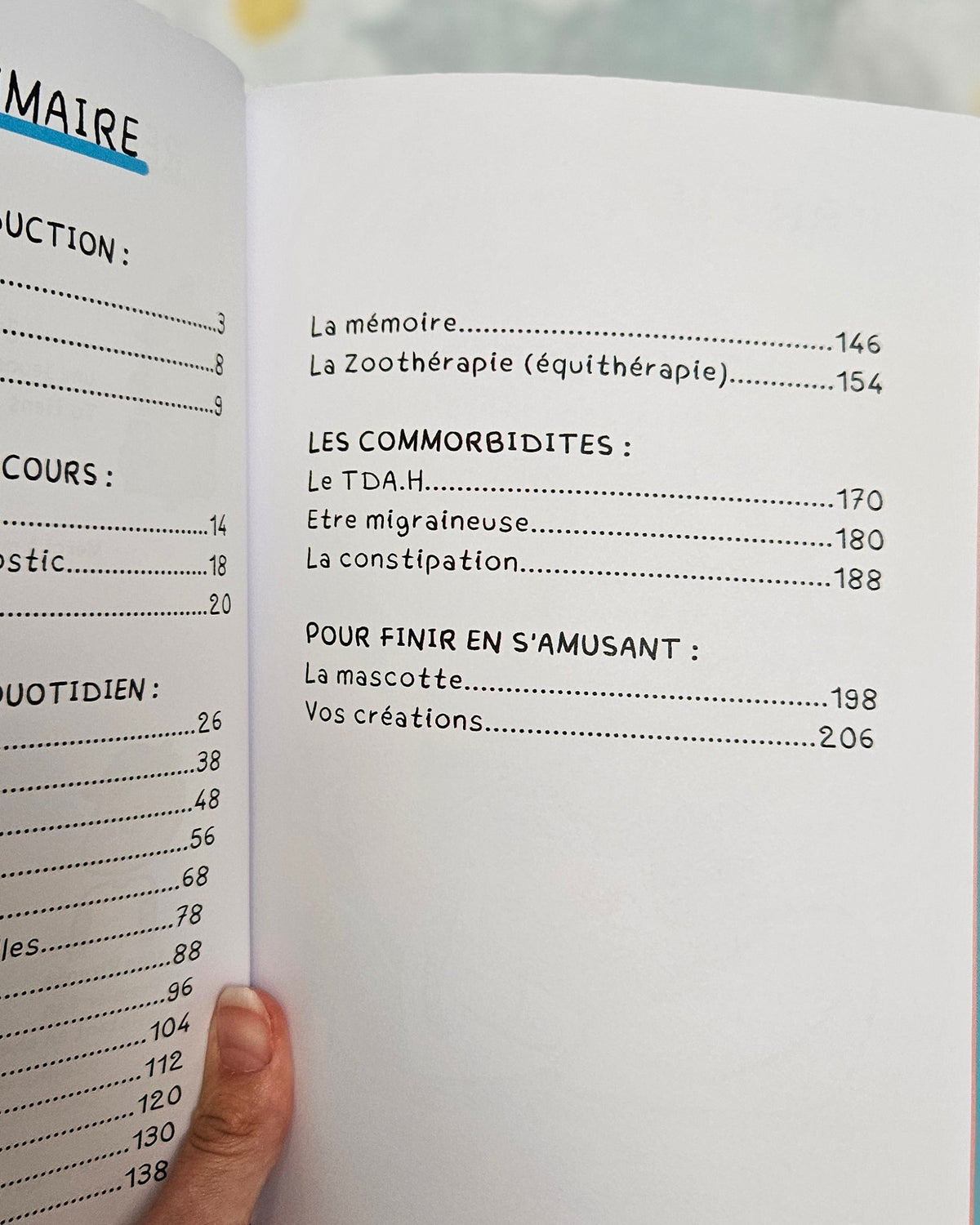 Suite du sommaire du Guide illustré ULTIME de l'Autisme, avec les sections mémoire, zoothérapie, les comorbidités (TDAH, migraines, constipation) et une dernière partie sur la mascotte et les créations des lecteurs