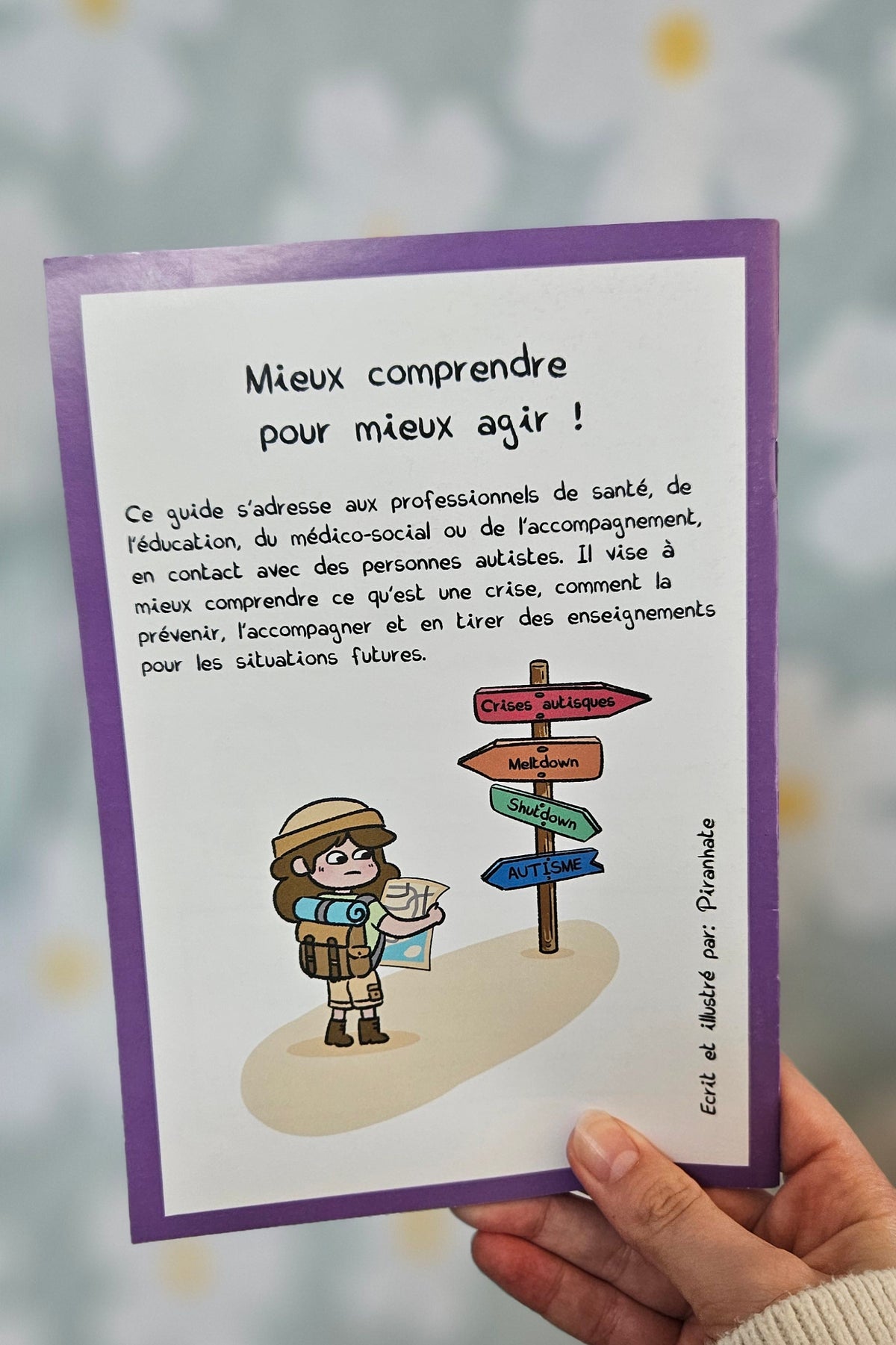 Page d'ouverture du mini-guide « Mieux comprendre pour mieux agir », précisant qu'il s'adresse aux professionnels de santé, de l'éducation et du médico-social, avec un personnage carte en main devant un panneau indicateur (crises autistiques, meltdown, shutdown, autisme)