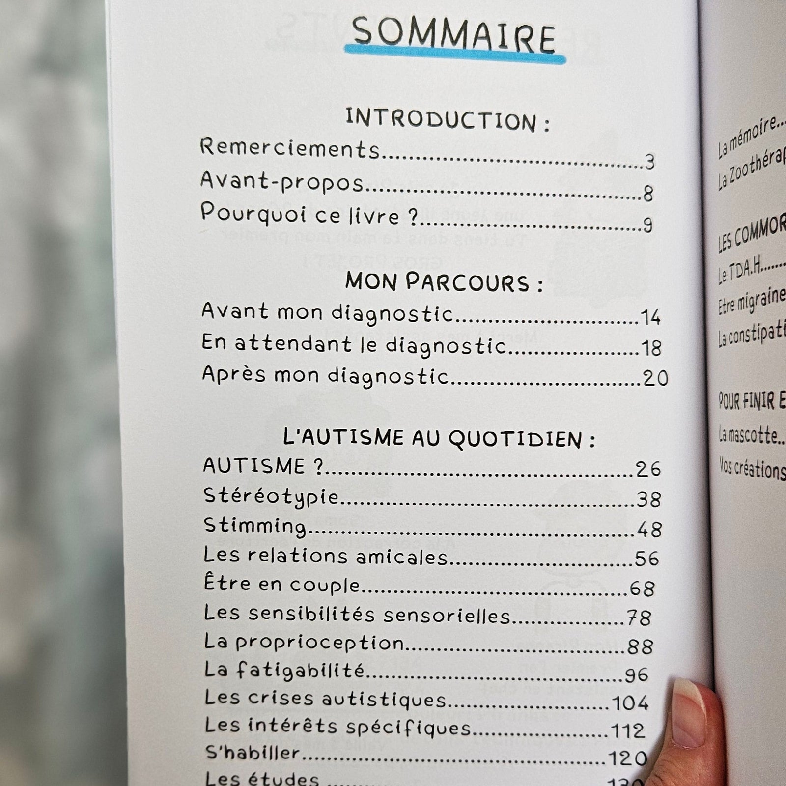Page de sommaire du Guide illustré ULTIME de l'Autisme, listant les chapitres : introduction, mon parcours, puis l'autisme au quotidien (stéréotypie, stimming, relations amicales, sensibilités sensorielles, crises autistiques, s'habiller, les études)
