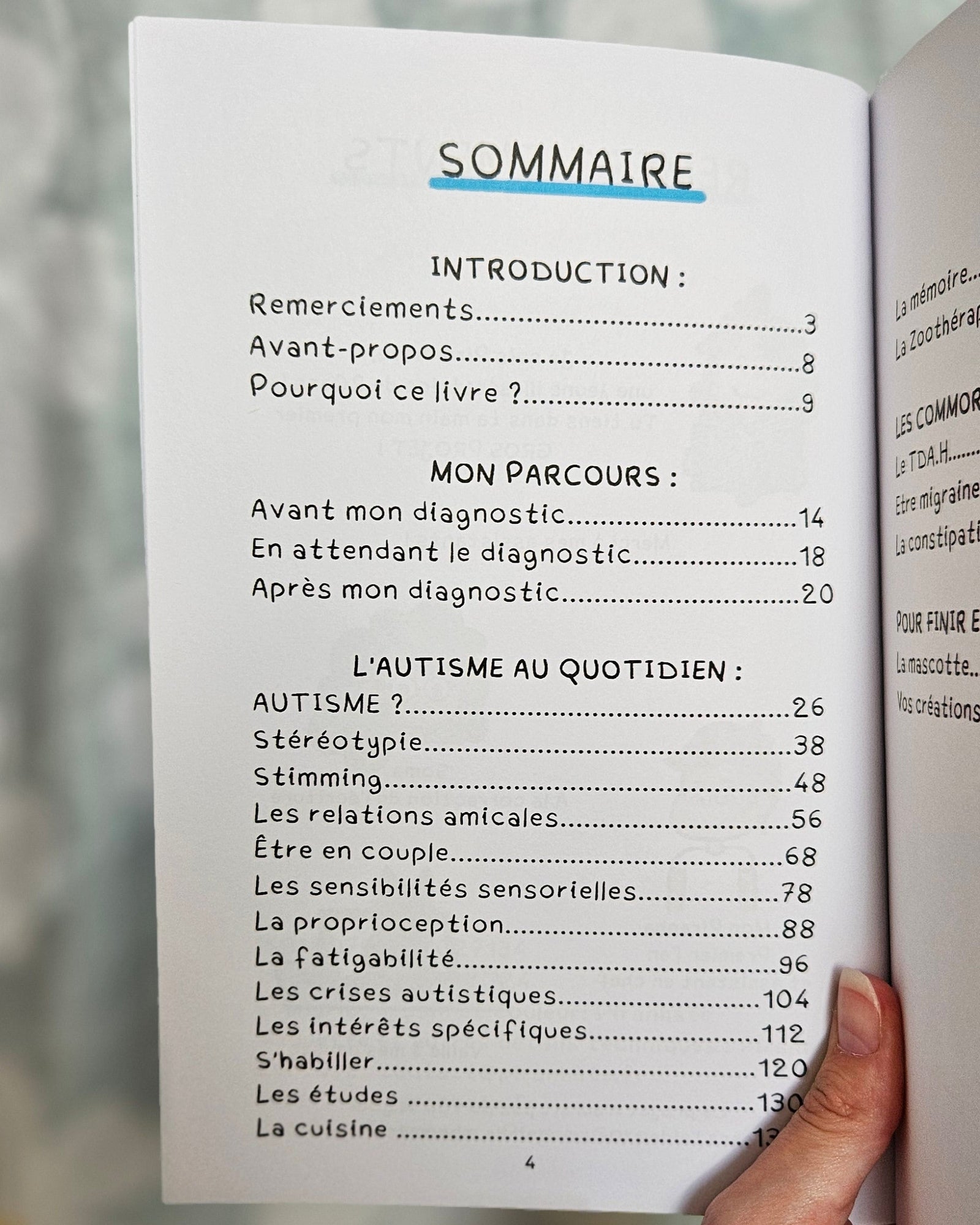 Page de sommaire du Guide illustré ULTIME de l'Autisme, listant les chapitres : introduction, mon parcours, puis l'autisme au quotidien (stéréotypie, stimming, relations amicales, sensibilités sensorielles, crises autistiques, s'habiller, les études)
