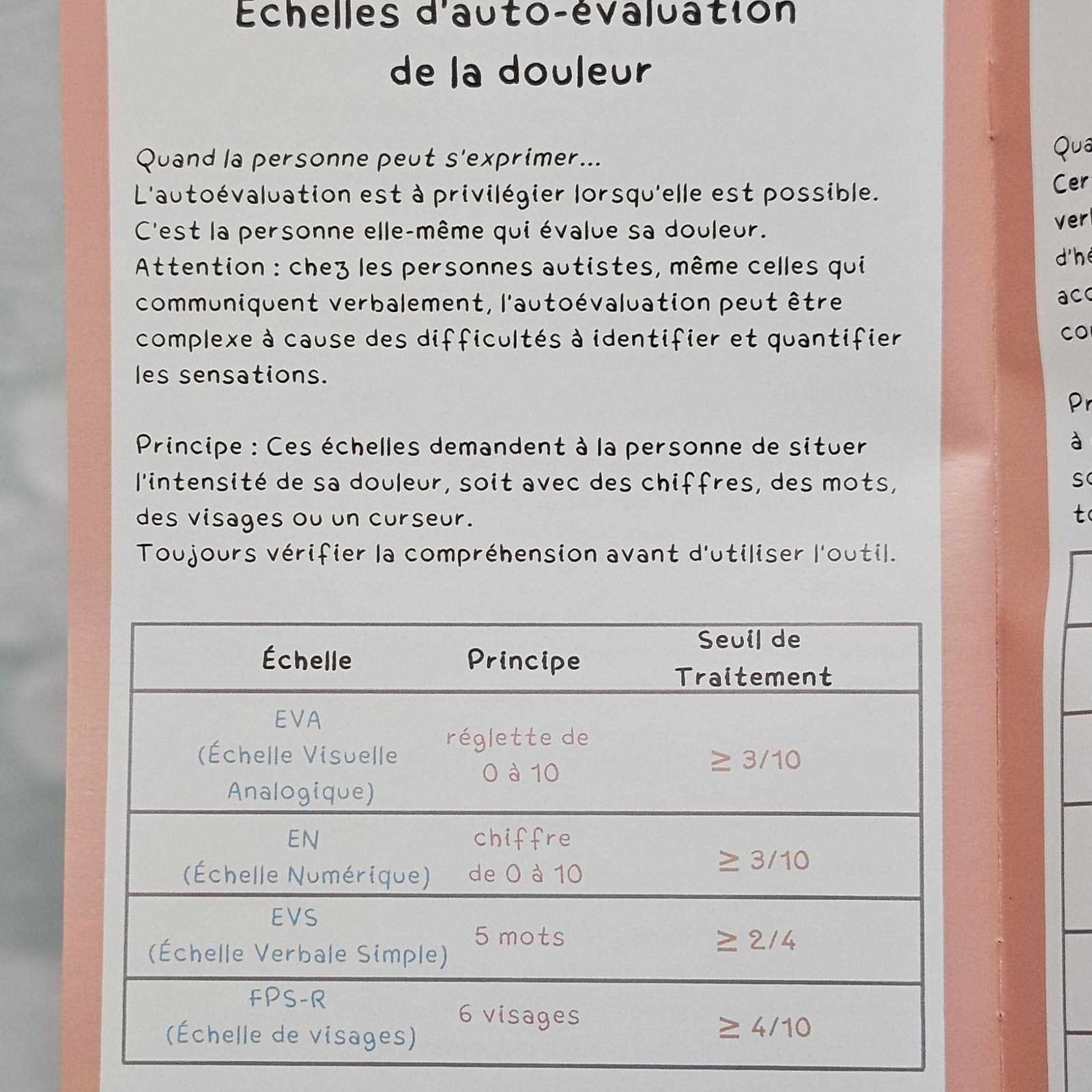 Page intérieure « Échelles d'auto-évaluation de la douleur », avec un tableau comparant EVA, EN, EVS et FPS-R, leur principe et leur seuil de traitement