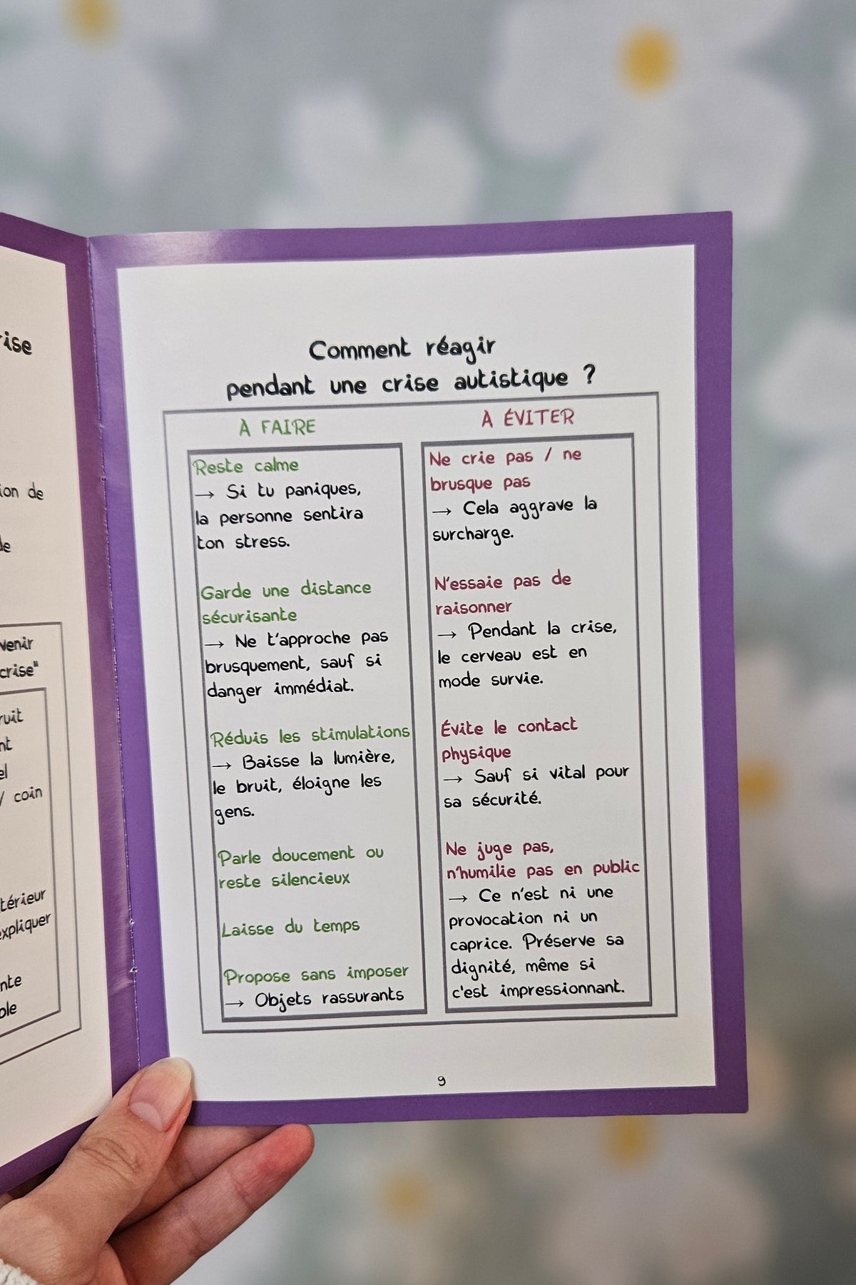 Page intérieure du mini-guide intitulée « Comment réagir pendant une crise autistique ? », en deux colonnes à faire et à éviter : rester calme, garder une distance sécurisante, réduire les stimulations d'un côté, ne pas crier, ne pas raisonner, ne pas juger de l'autre